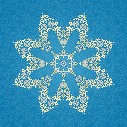 Vector pattern in Eastern style. Ornate element for design and place for text. Ornamental lace pattern for wedding invitations and greeting cards. Traditional light decor on blue background.