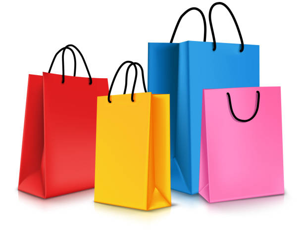 ilustraciones, imágenes clip art, dibujos animados e iconos de stock de conjunto de colorido vacío aislado bolsas de la compra. ilustración vectorial - bag