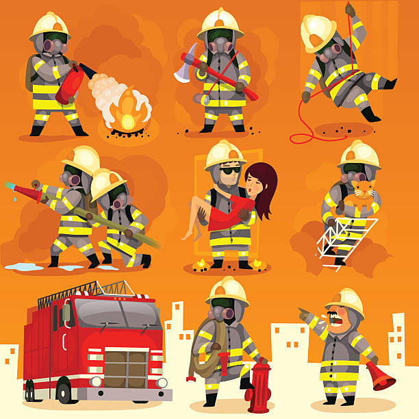 ilustraciones, imágenes clip art, dibujos animados e iconos de stock de conjunto de bomberos en el trabajo - natural disaster fire office fire department