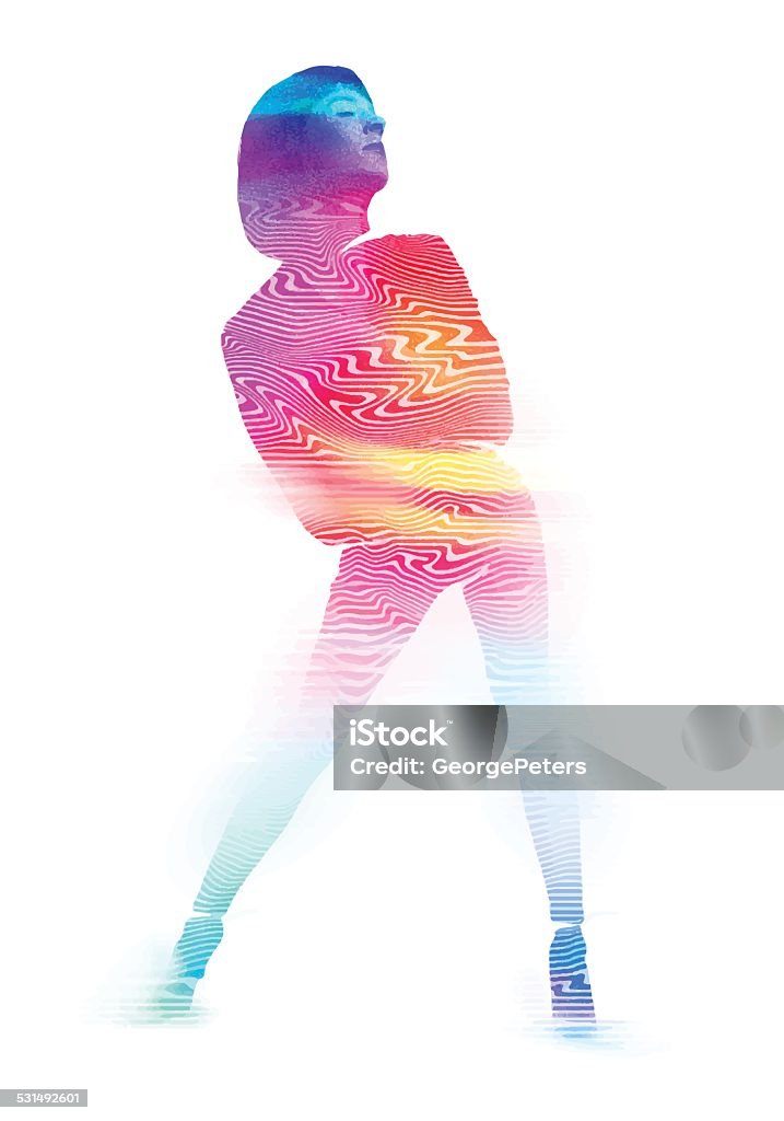 Dancing Woman with Colored Pattern Mezzotint illustration of dancing woman and colorful pattern. White Background stock vector