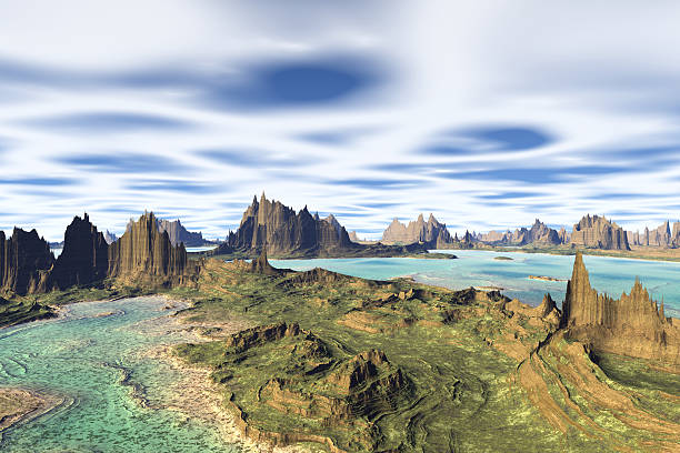 istock 3D rendered fantasy alien planet. Rocks and lake 531492863