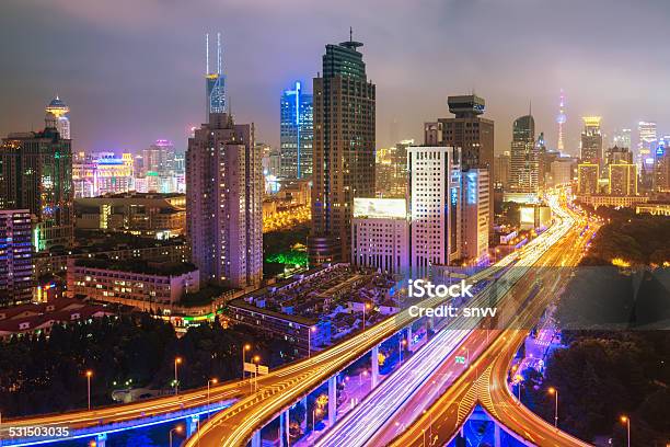 Shanghai Elevated Road Junction And Interchange Overpass At Night Stock Photo - Download Image Now