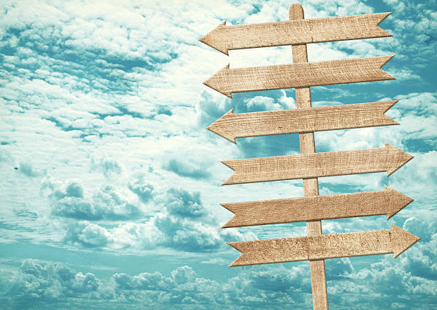 istock Blank brown wooden signpost against blue sky. 531503633