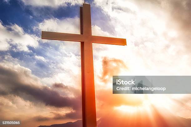 Cross In The Mountain At The Sunset Stock Photo - Download Image Now - 2015, Backgrounds, Blue