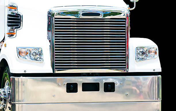 istock Front view of white truck isolated on black background 531505845