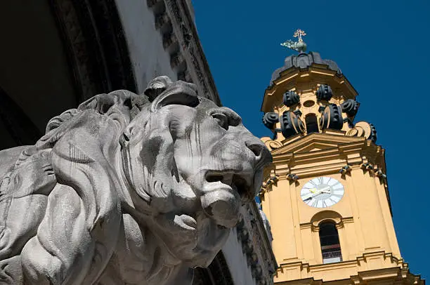 Lion sculpture at Munich's Feldherrnhalle in front of the Theatine Church.