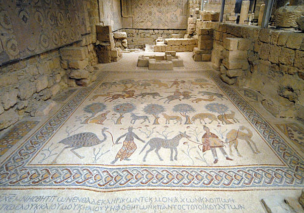 Mount Nebo, Jordan:Byzantine mosaic Mount Nebo, Madaba governorate, Jordan: ancient Byzantine mosaic in the diaconicon baptistery of the basilica of Moses, depicting pastoral and hunting scenes - african fauna - photo by M.Torres mount nebo jordan stock pictures, royalty-free photos & images