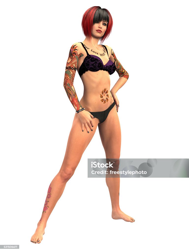 Girl with piercings and tattoos Short haired redhead girl with piercings and tattoos posing on white background 2015 Stock Photo