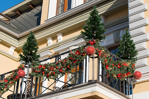 Kislovodsk, Russia - January 2, 2015: Christmas decorations on the balcony of the building on the Kurortny Blvd