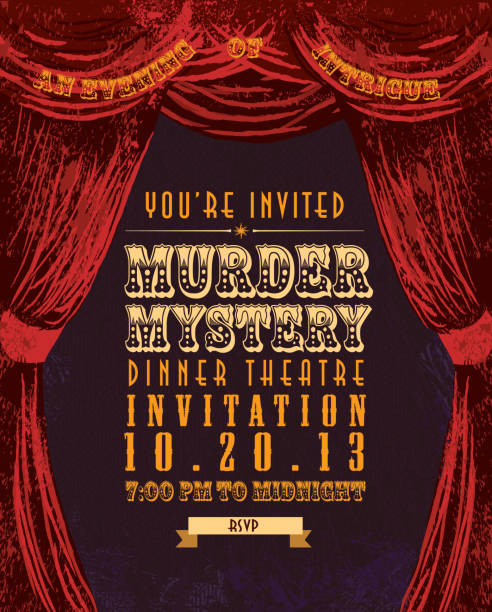 Murder Mystery Dinner Theatre invitation template vintage design Vintage style vector illustration of a Murder Mystery Dinner Theatre invitation design template. Light background with stage curtain. Includes sample text and design elements. Download includes Illustrator 8 eps, high resolution jpg and png file.  Stage. Curtain, theatre, building, mystery, elegance. Clues, murder scene, body, investigating, chalk outline, food and a show. stage curtain stock illustrations