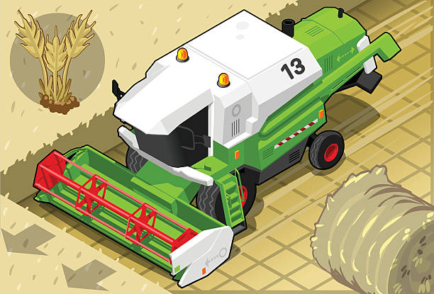 isometric green thresher w pracy w widok z przodu - isometric combine harvester tractor farm stock illustrations