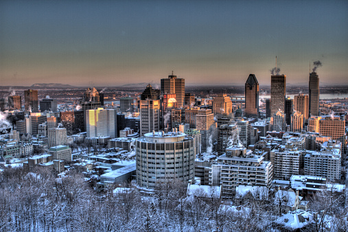 Sunset over Montreal Downtown in a February cold Evening.
