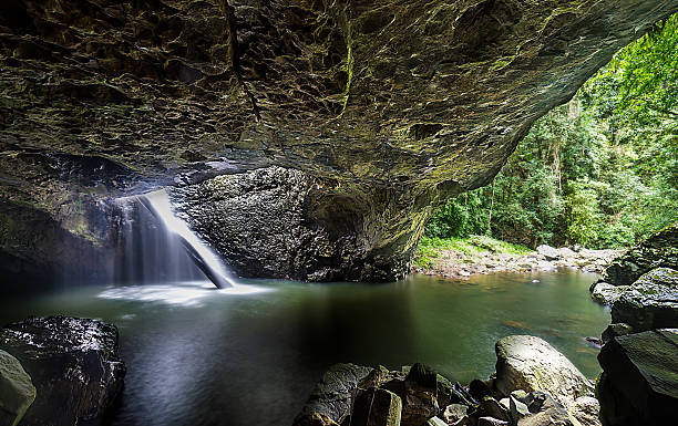 ensolarada caverna - tropical rainforest waterfall rainforest australia - fotografias e filmes do acervo