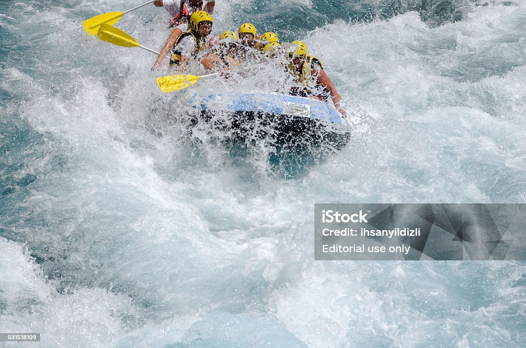 Rafting on White Water  Antalya, Turkey - August 07, 2011: A group of people rafting on Koprucay River that is one of the most popular place for rafting in Turkey.Koprucay River runs to the Mediterranean Sea through straight canyons of Tourus Mountains. 2015 Stock Photo