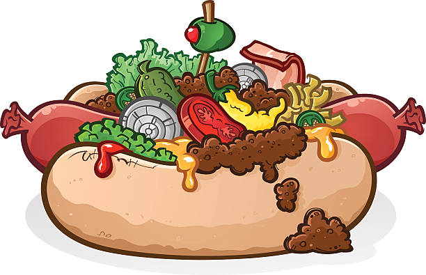 сыр хот-дог с чили посыпками мультяшный - meat bratwurst sausage sauerkraut stock illustrations