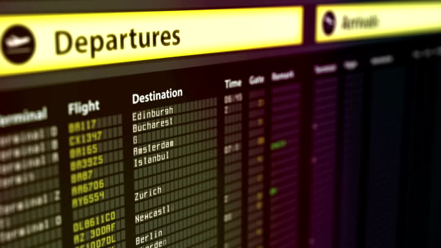 Departures sign board with flight information, destination cities on timetable