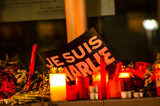 Berlin, Germany- January 7 th, 2015: March against Charlie Hebdo magazine terrorism attack, on January 7th, 2015,  in front of France Embassy in Berlin, Germany