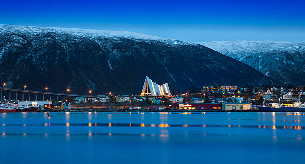 Twilight in Tromso, with Arctic Cathedral, Norway. stock photo