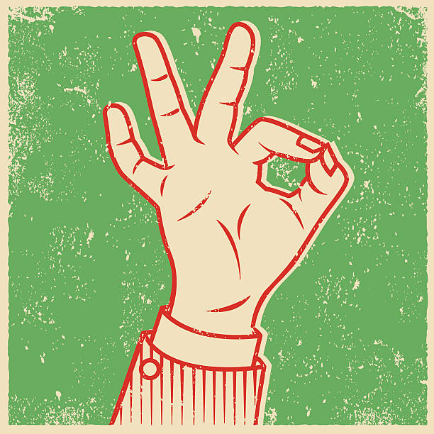 illustrations, cliparts, dessins animés et icônes de imprimé rétro, donnant le signe de la main ok - doigts en forme de o