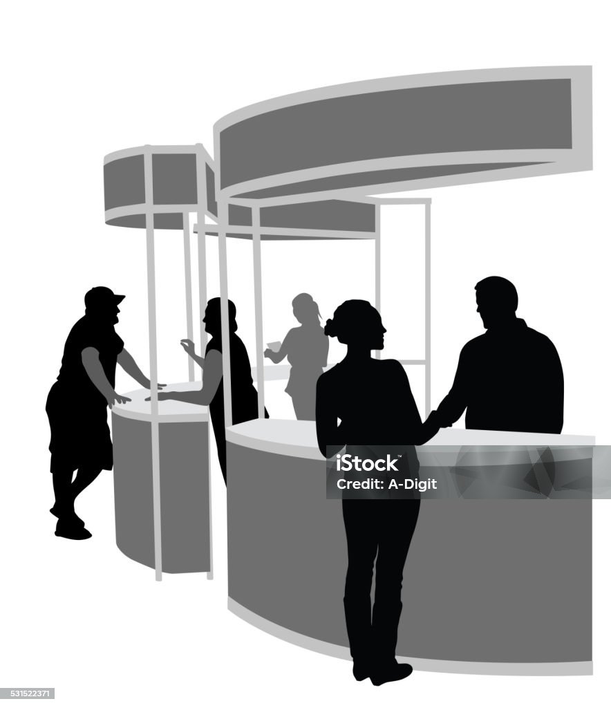 Volunteers People seek information at event kiosks. Kiosk stock vector