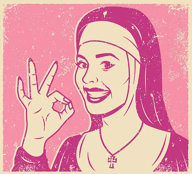 Vector illustration of Retro Screen Print of a Smiling Nun