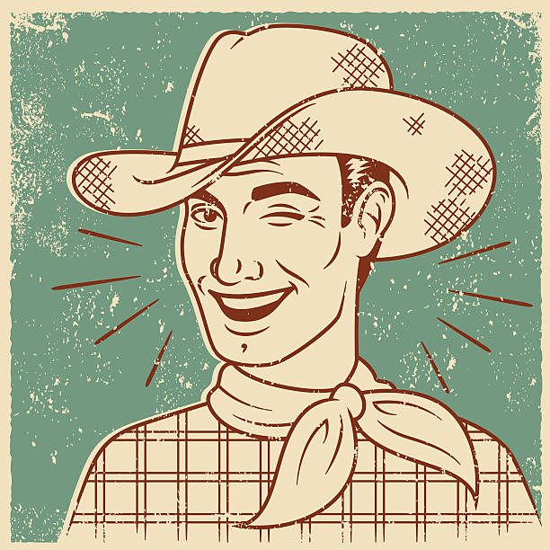 Retro Screen Print of Smiling Cowboy An vintage styled line art illustration of a stylish, handsome smiling man. Grunge texture added to create a trendy screen printed effect. vintage cowboy stock illustrations