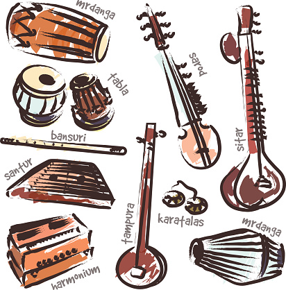 vector set of isolated traditional indian instruments