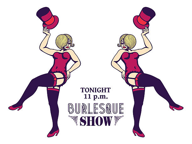 Curvy ladies in corset and stockings, sexy erotic burlesque show Sensual and attractive curvy ladies in corset and stockings performing a striptease on stage, sexy and erotic burlesque show flyer design drawing of a women wearing garter belts stock illustrations