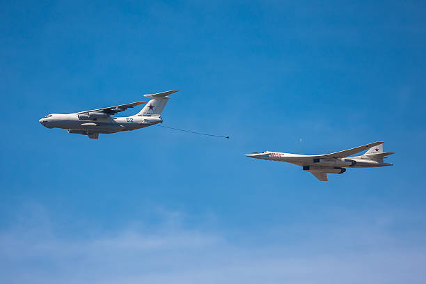 Il-78 air tanker and Tu-160 strategic bomber Moscow, Russia - May 09, 2013: Il-78 air tanker and Tu-160 strategic bomber imitate mid-air refuelling during the parade in honour of WWII Victory on May 09, 2013 in Moscow, Russia tu160 stock pictures, royalty-free photos & images