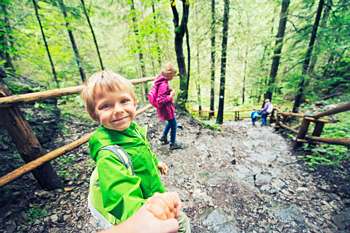 Family hiking through the forest. Unusual point of view from father eyes. Little boy wearing green jacket and backpack is looking back and smiling into the camera and holding father's hand. In the distance little girl is visible and mother with another boy. Everybody is walking down a forest path along a hiking trail.
