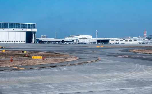 View of Kansai International Airport. It is located on an artificial island in Osaka, Japan. It is the first airport to be built completely on an artificial island.