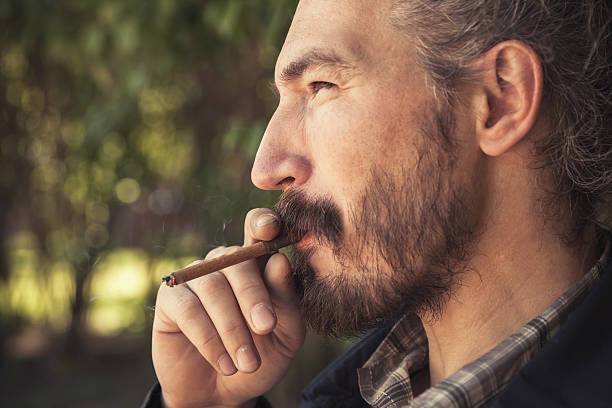 istock Bearded Asian man smoking cigar, outdoor 531539672