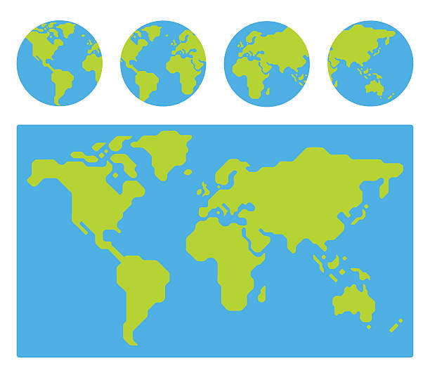 World map with globes World map with 4 globe icons from different sides. Stylized geometric flat vector. flat design stock illustrations