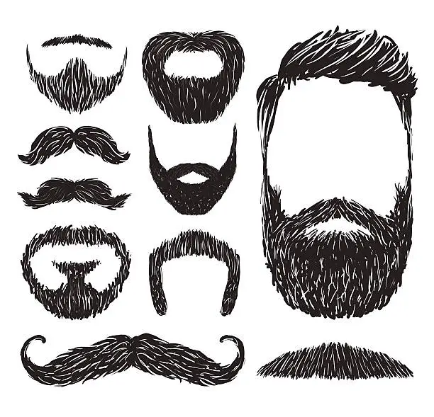 Vector illustration of Set of mustache and beard silhouettes, vector illustration