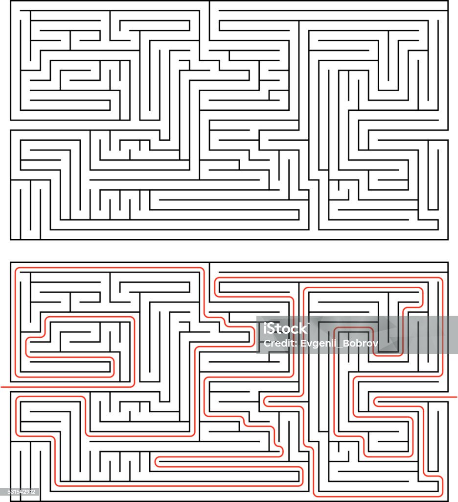 Rectangular maze of medium complexity on white Rectangular maze of medium complexity isolated on white and solution with red path Maze stock vector