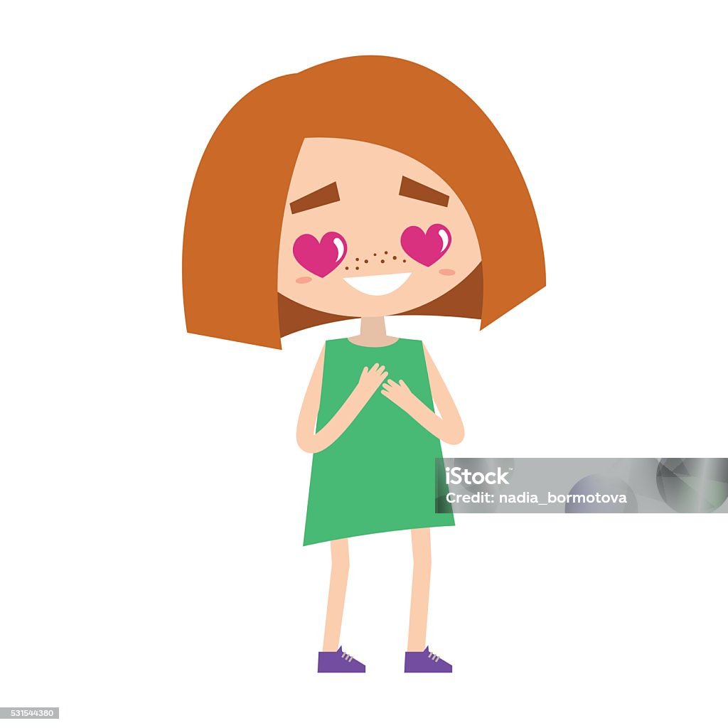 Falling in love  Cute cartoon ginger hair girl with heart-shaped eyes Admiration stock vector