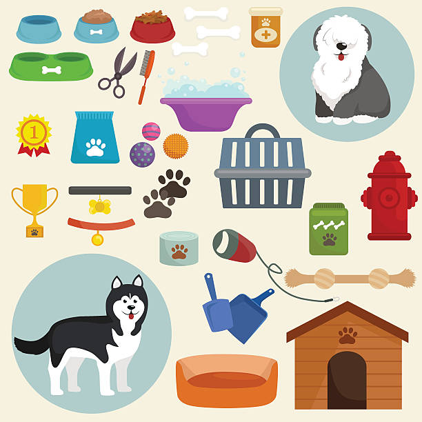 pies ikony płaski zestaw z gnój buda smycz jedzenie miska - dog dung garbage pets stock illustrations