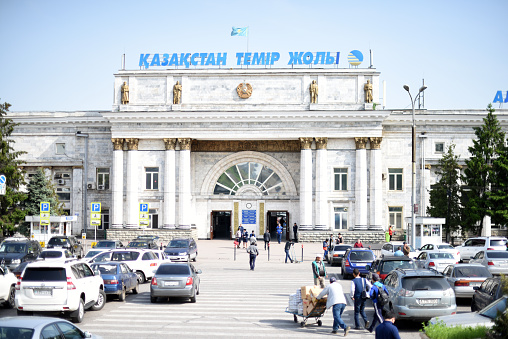 Almaty, Kazakhstan - May 1, 2016: Almaty Railway Station 2 - Main building with Entrance to the Trains. The Main Hall was built in the Soviet Era. Now are trains leaving to the Capital Astana and other Cities.
