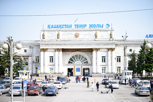 Almaty, Kazakhstan - May 1, 2016: Almaty Railway Station 2 - Main building with Entrance to the Trains. The Main Hall was built in the Soviet Era. Now are trains leaving to the Capital Astana and other Cities.