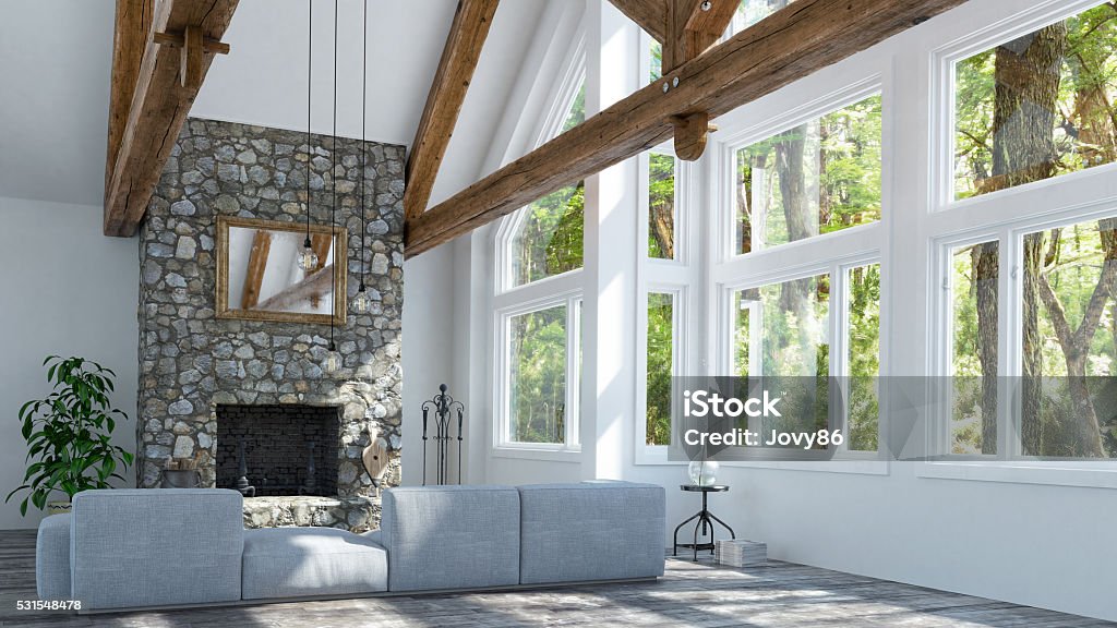 Beautiful fireplace in modern cottage 3d render Window Stock Photo