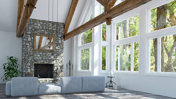 Beautiful fireplace in modern cottage 3d render window stock pictures, royalty-free photos & images