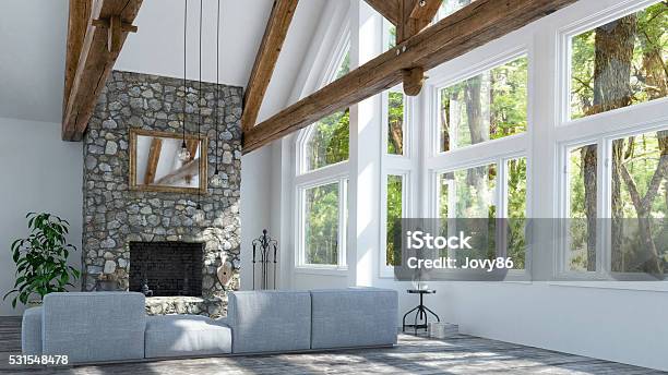 Beautiful Fireplace In Modern Cottage Stock Photo - Download Image Now - Window, Home Interior, Residential Building
