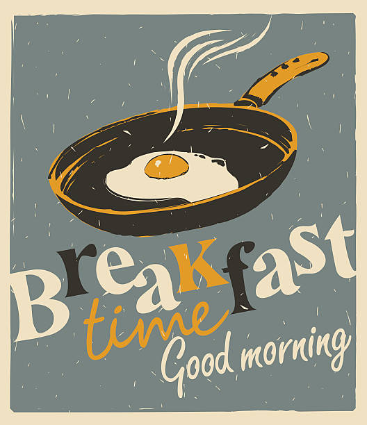 breakfast time with a frying pan and fried eggs Vector banner for breakfast time with a frying pan and fried eggs in retro style restaurant table side view stock illustrations