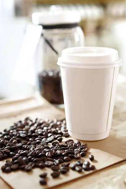 Coffee shop, jars of coffee beans