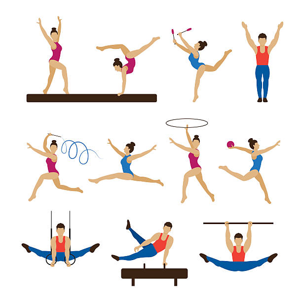 ilustraciones, imágenes clip art, dibujos animados e iconos de stock de gimnasia atletas, hombres y mujeres de - barra de equilibrio