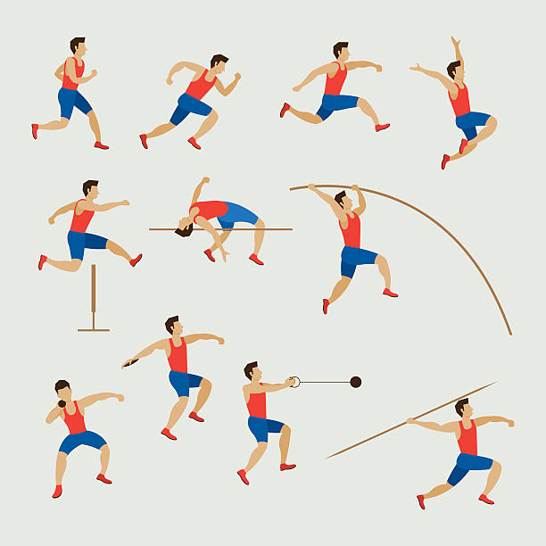 Sports Athletes, Track and Field, Men Set Athletics, Games, Action, Exercise long jump stock illustrations