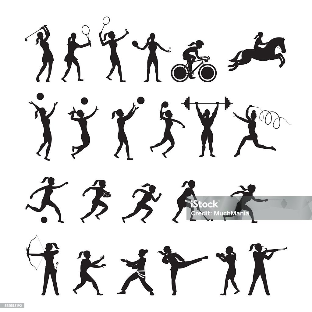 Sports Athletes, Women Symbol Silhouette Set Athletics, Games, Action, Exercise In Silhouette stock vector