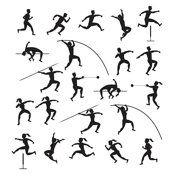 illustrations, cliparts, dessins animés et icônes de des athlètes athlétisme, ensemble de la silhouette - lancer du disque