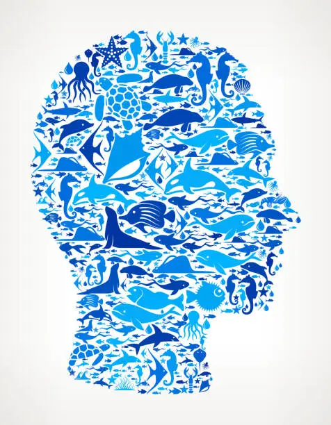 Vector illustration of Man's head Ocean and Marine Life Blue Icon Pattern