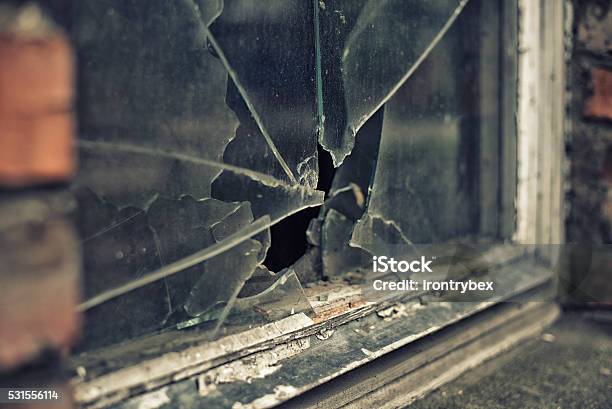 Broken Glass Window Reflecting Clounding Sky Stock Photo - Download Image Now - Window, Broken, Breaking